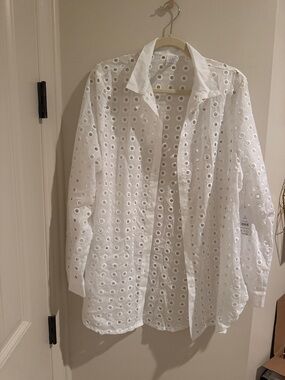 Time and Tru White Eyelet Button-Up Swim Coverup